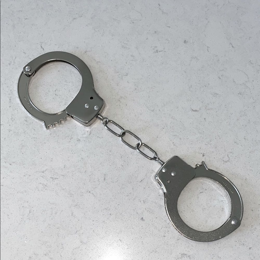Silver Metal Handcuffs with Triple Link Chain and Double Lock Prop Accessory